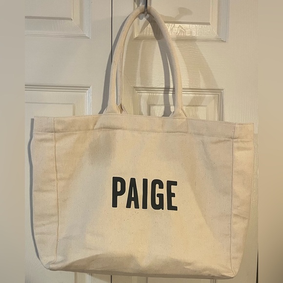 PAIGE Handbags - PAIGE Large Logo Natural Color Canvas Tote Inside Zip Pocket Travel Beach Shop